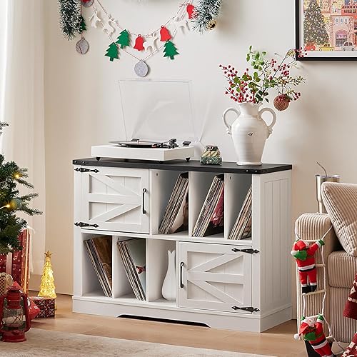 Miniatura 3 de Soporte grande para tocadiscos con almacenamiento de vinilo de hasta 450 álbumes, armario de almacenamiento de madera rústica blanca de 39 pulgadas