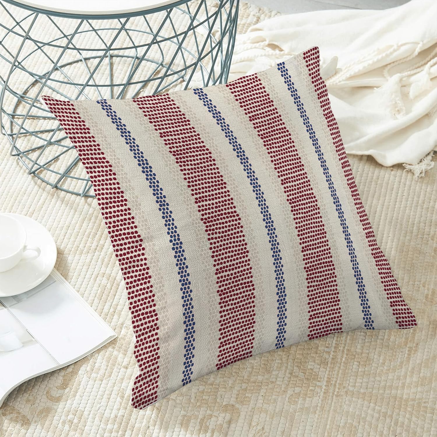 Boho Pillow Covers 18x18 Set of 2 Burgundy Red Blue Stripe Throw Pillow Covers Outdoor Decoration Bohemian Modern Abstract Decorative Pillowcase Farmhouse Cushion Case Decor for Home Sofa - Image 6