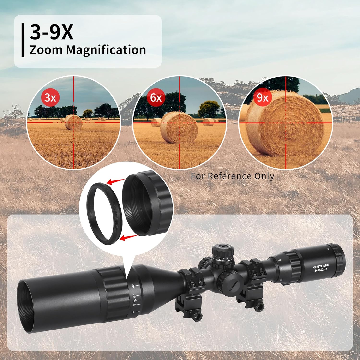 Goetland Rifle Scope demonstrating 3x, 6x, and 9x zoom magnification views.