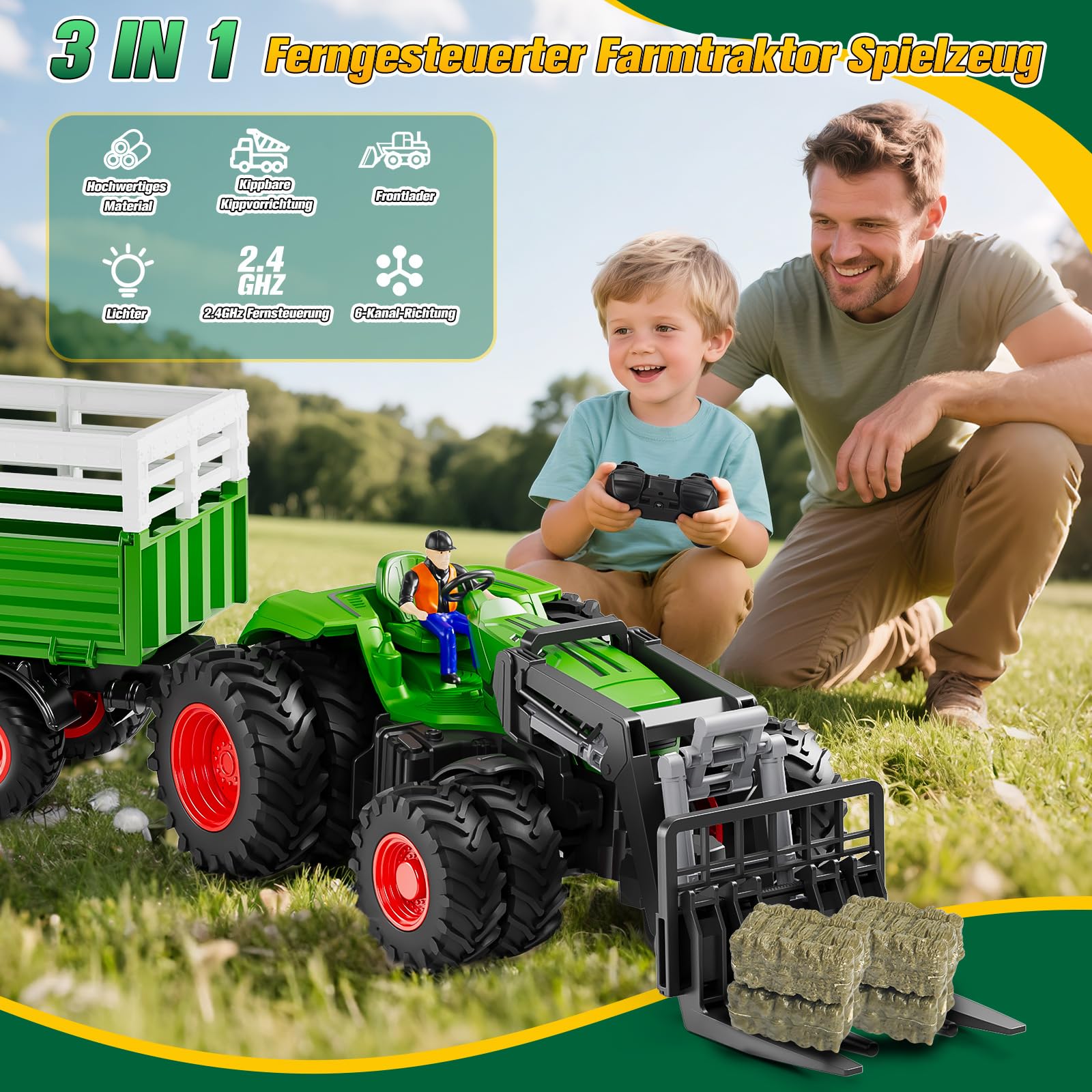 RC Trattore Telecomandato Giocattolo, 2.4 GHz Trattore con Telecomando per Bambini, Completo di Forca Sollevatrice, Rimorchio, Luci, Mucca, Pecora e Balla di Fieno, Regalo per Bambini 3-8 Anni