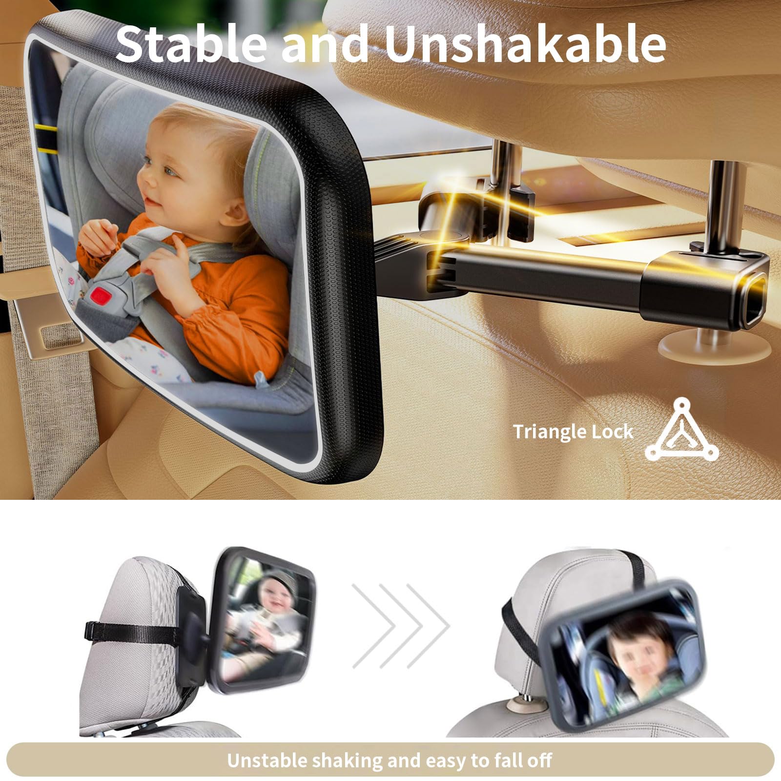 Specchio per auto con luce a 360° con telecomando per specchietto retrovisore per auto, sedile posteriore con clip in metallo per neonato + 2 adesivi Baby on Board e 2 ganci per poggiatesta