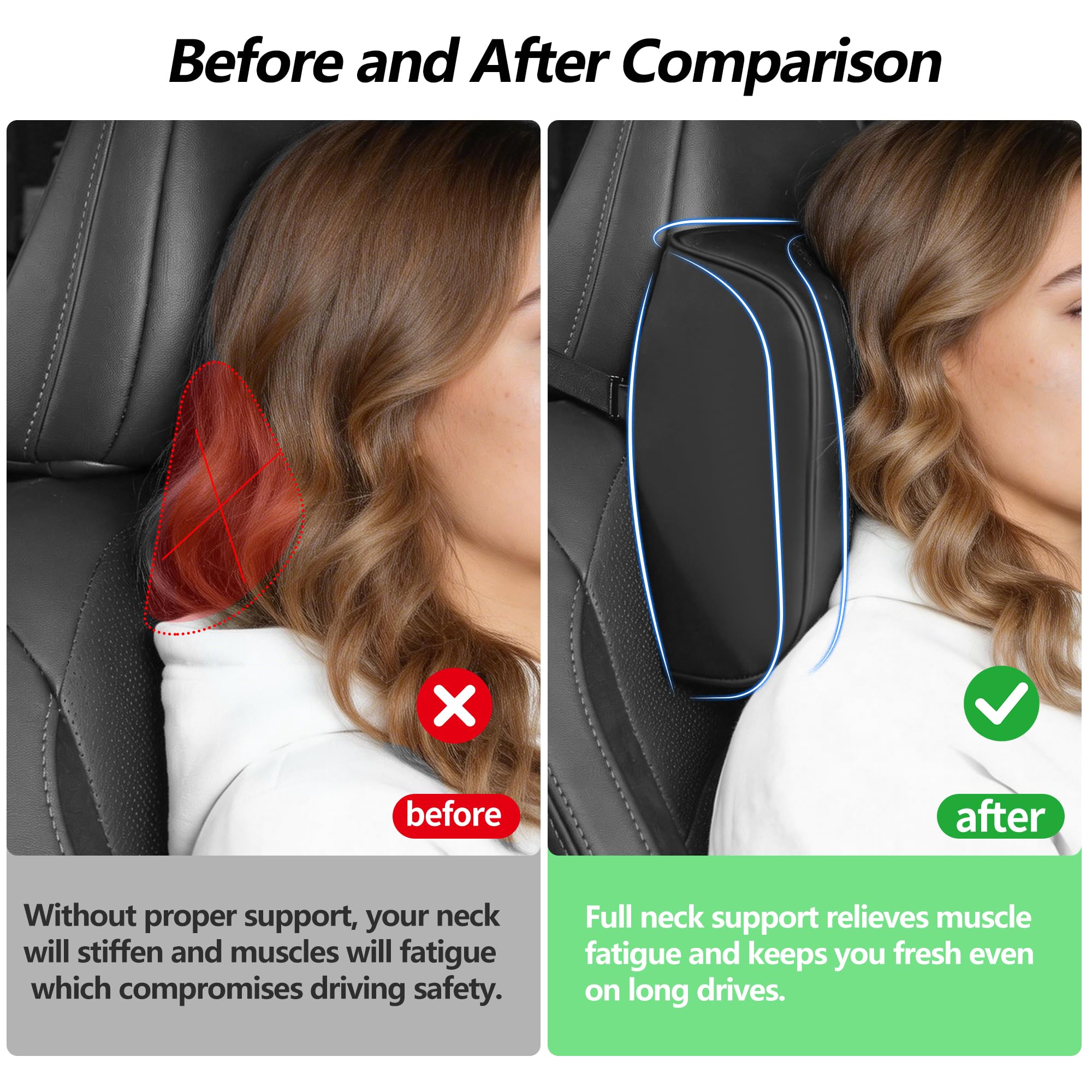Poggiatesta Auto Cuscino, Cuscino Auto Collo Pillow Memory Foam Supporto Testa Seggiolino Auto Per la Guida, 2 Piece, Nero
