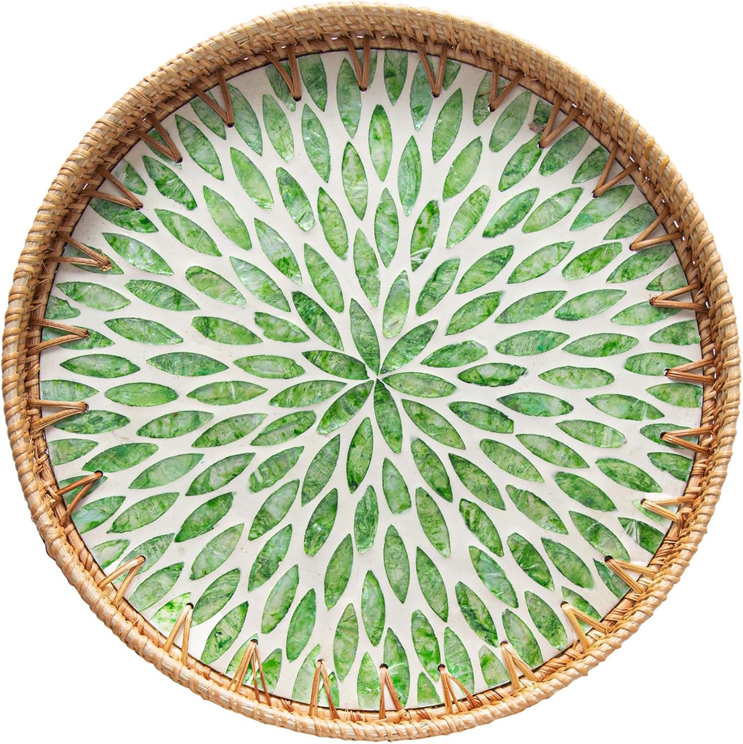 14 inch Round Rattan Tray Home Decor, Wicker Serving Tray with Mother of Pearl Inlay, Boho Decorative Tray for Coffee Table, Display, Ottoman, Kitchen Table, Bathroom (Green)