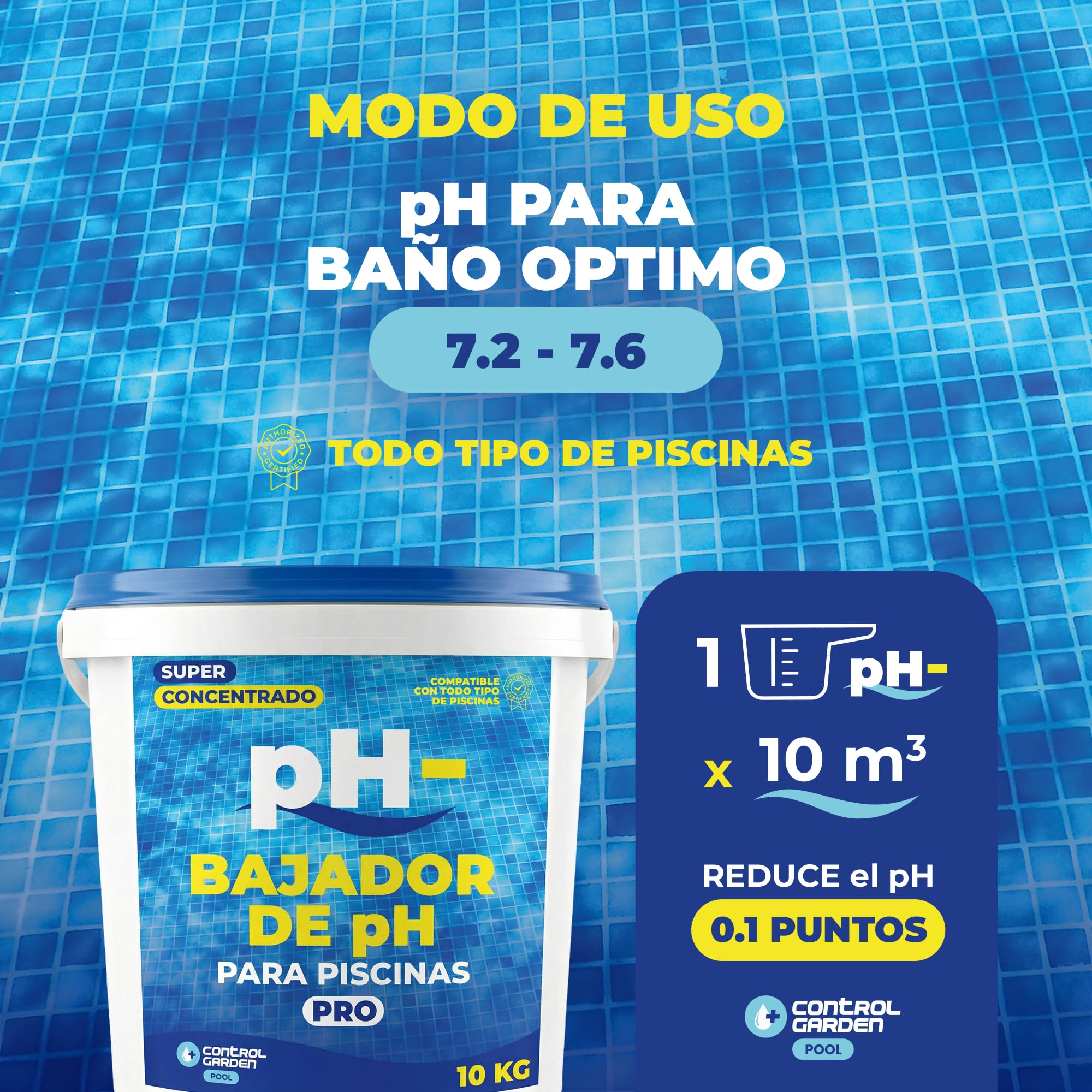 CONTROL GARDEN Bajador PH Piscinas Granulado 10 KG | Reductor pH- Piscina Interior y Exterior | Minorador Sólido - Súper Concentrado | Pool Regulador de Poliester, Liner y Electrólisis Salina