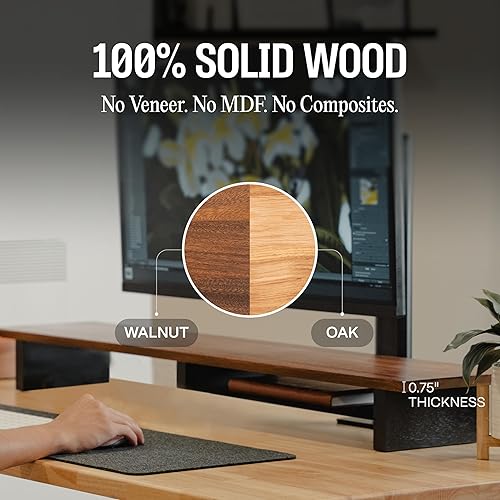Miniatura 2 de Soporte elevador de madera maciza para monitor doble, estante de escritorio de nogal de 43 pulgadas para 2 monitores con bandeja y fieltro de lana,
