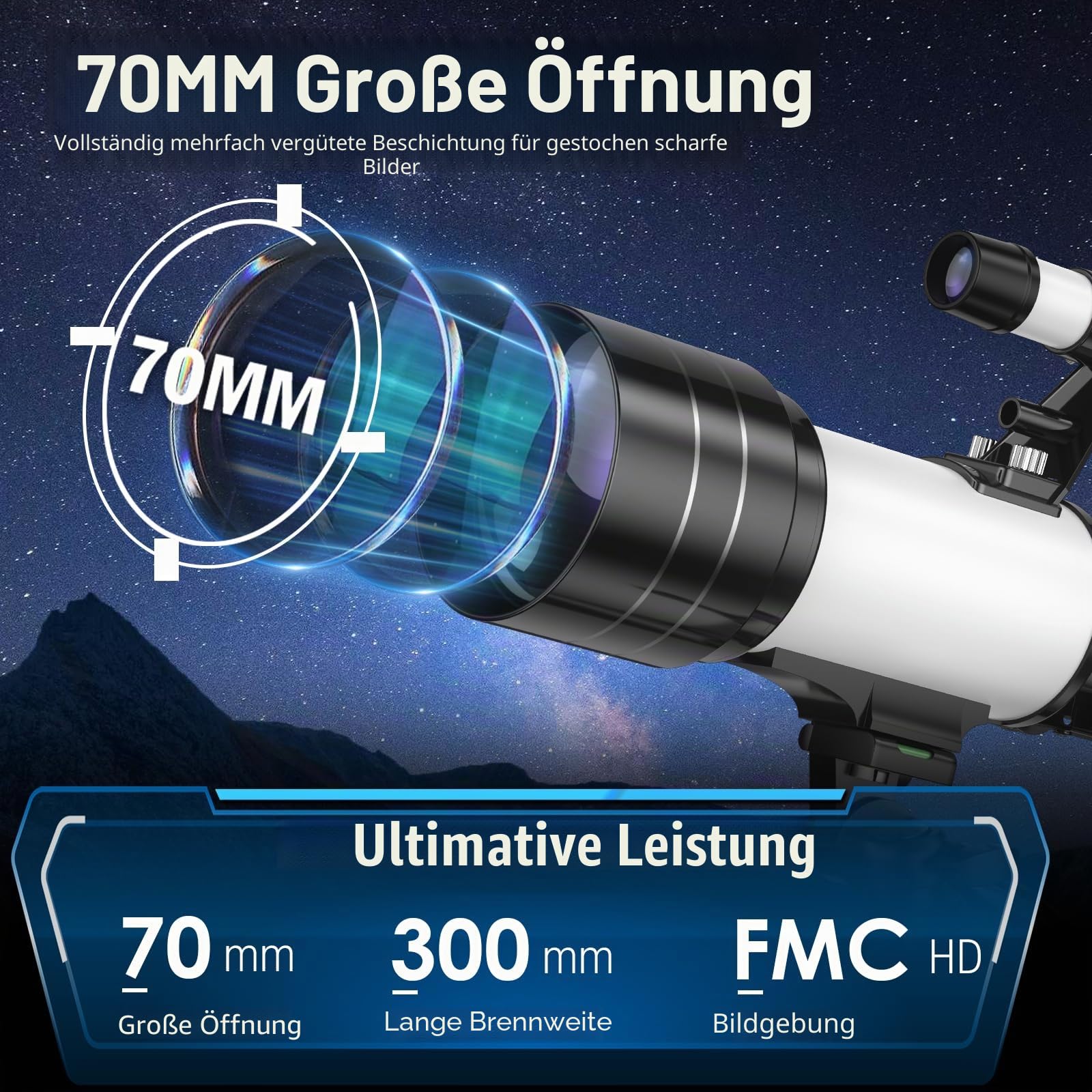Astronomisches Teleskop Refraktor 70/300 mm, FMC Hohe Übertragung, Vergrößerung 15-150X, verstellbares Stativ, Telefonhalterung & Bluetooth-Fernbedienung, für Anfänger in der Astronomie, Erwachsene