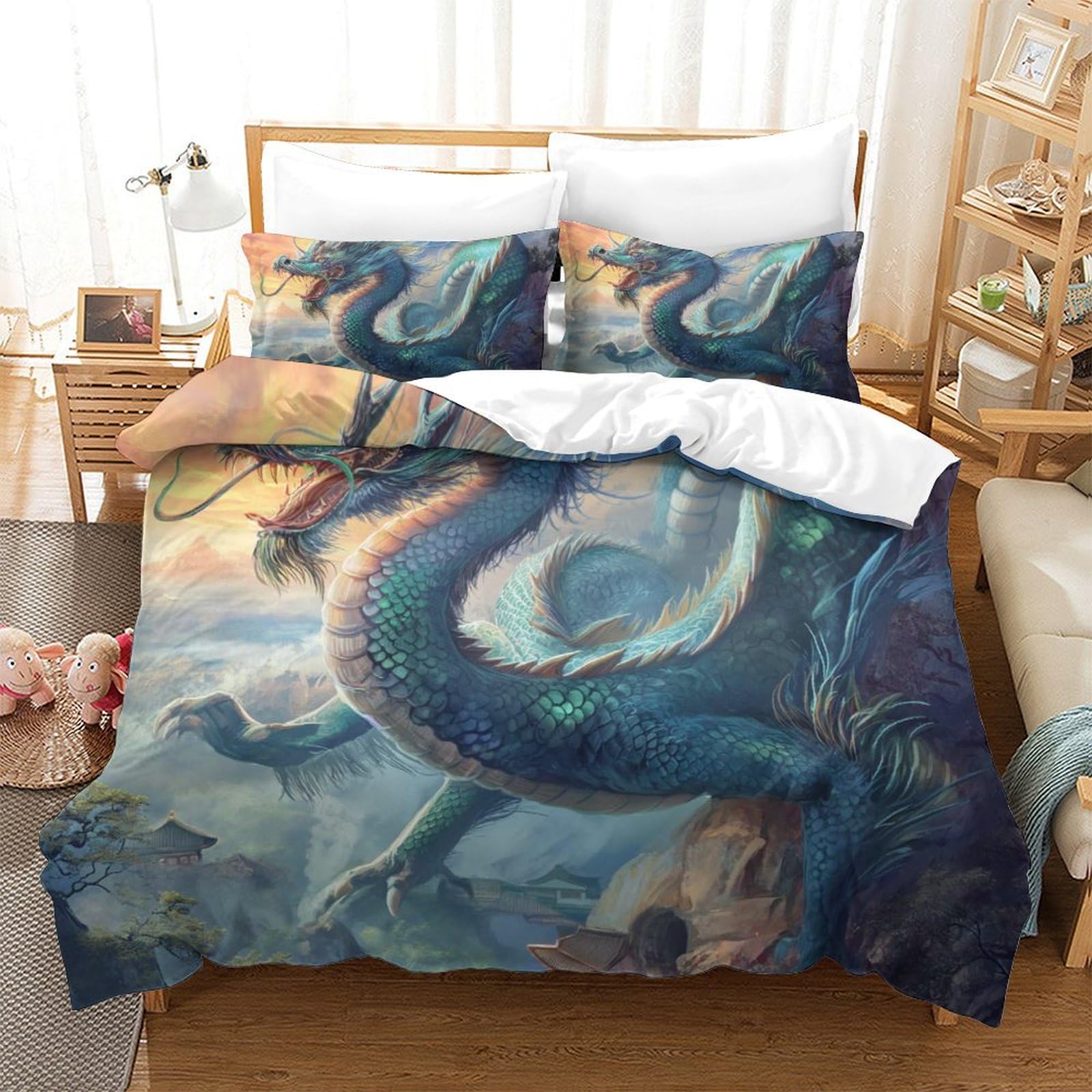 Housse de couette dragon 3D parure de lit enfant ado microfibre fermeture éclair