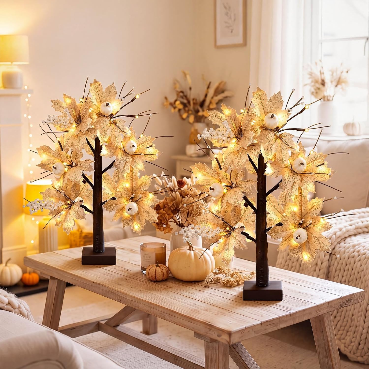 Baquler 2 Pcs Fall LED Lighted Birch Trees 24 in Gray White Leaf Fall Decor