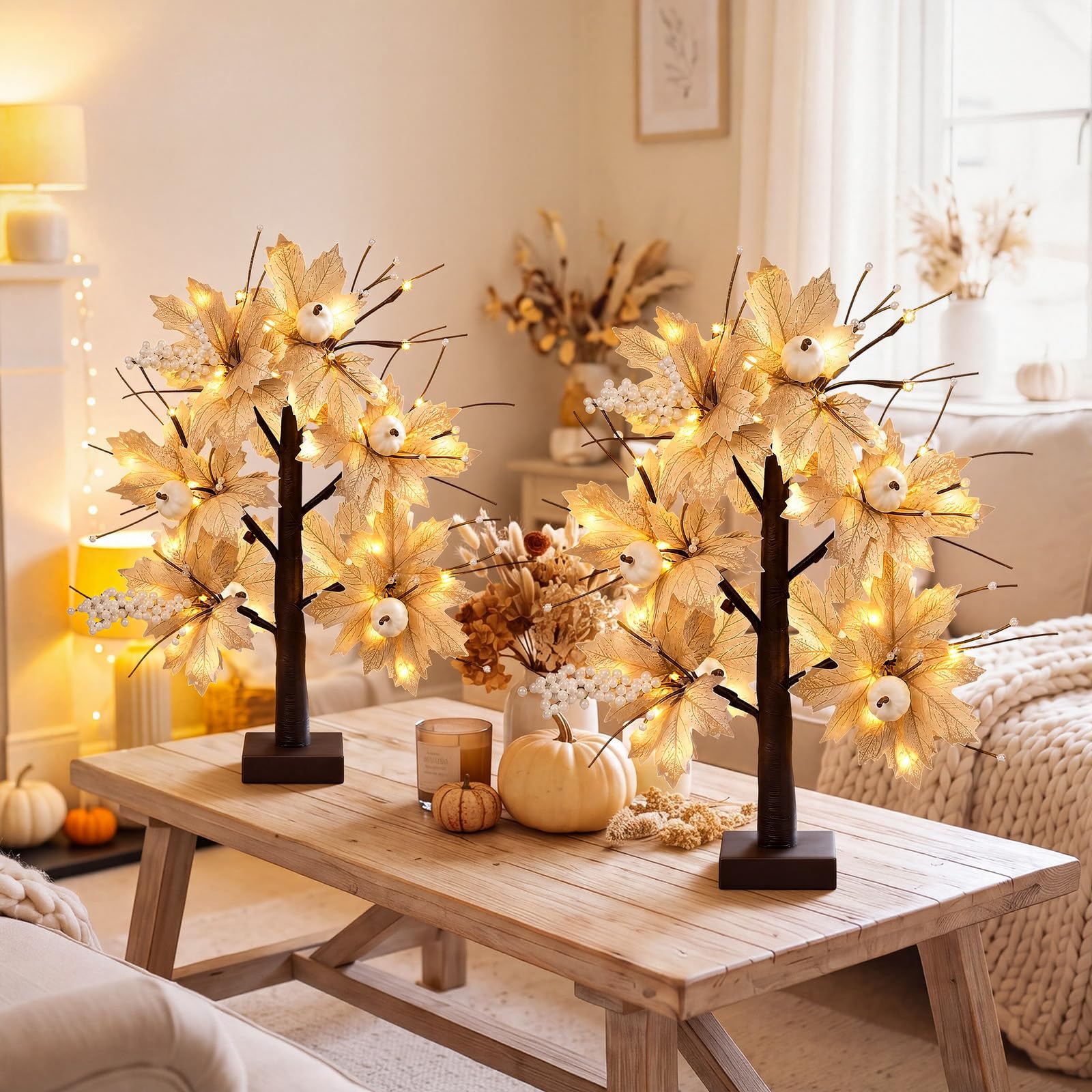 Baquler 2 alberi di betulla illuminati a LED autunnali da 61 cm, foglie di betulla bianche grigie illuminate con zucche autunnali, luce artificiale, pre-illuminate, da tavolo, decorazione per il