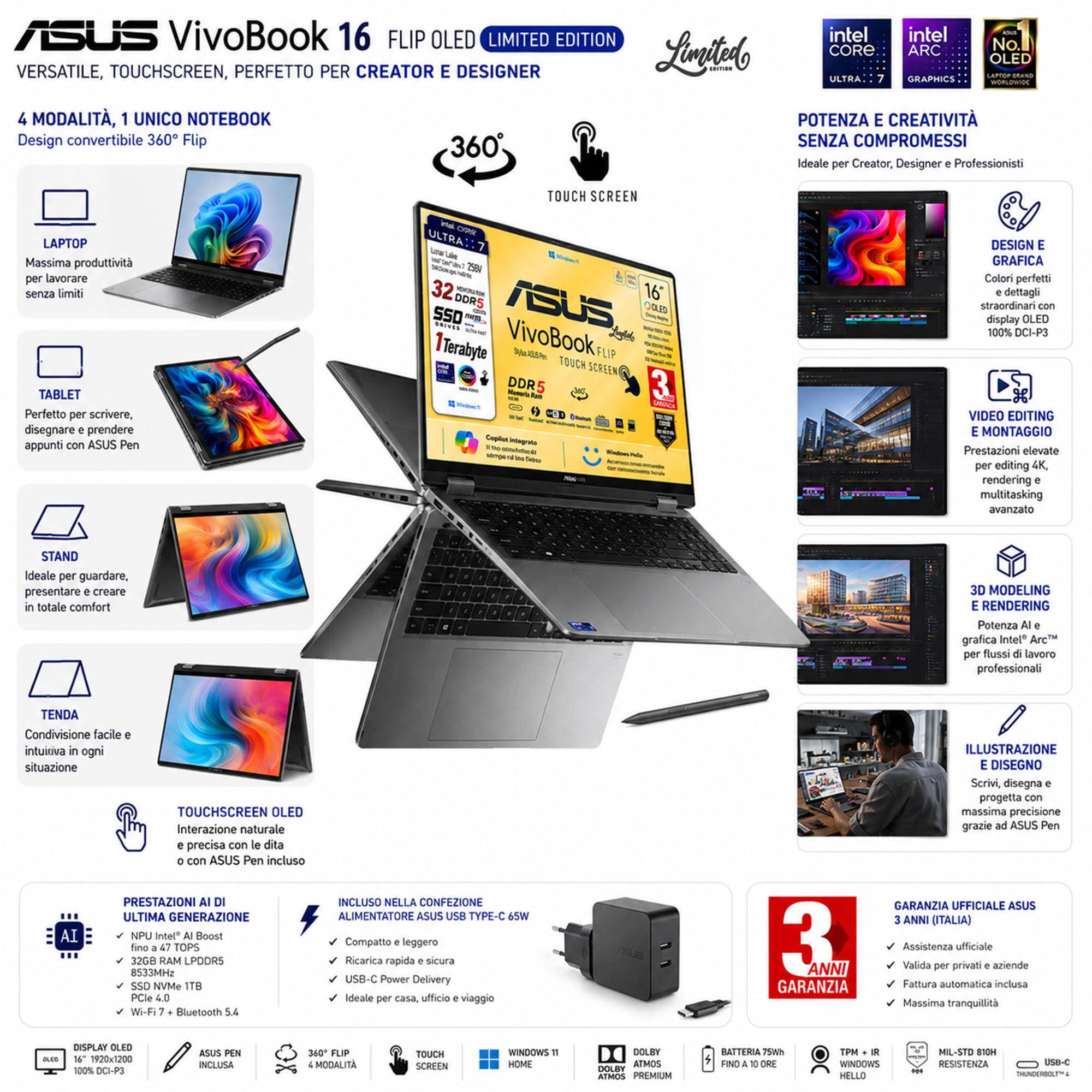 ASUS Vivobook 16 FLIP, Intel® Core™ Ultra 7 258V, Intel Arc Pro, Display OLED Touchscreen 16" WUXGA FHD+, DDR5 32Gb, SSD 1Tb, Win 11, Wi-Fi 7, bt 5.4, tastiera retroilluminata, Pen, Gar 3 Anni