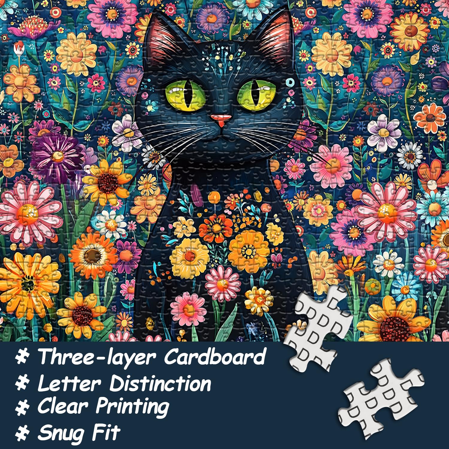 1000-Piece Cat Puzzle For Adults – Black Cat With Flowers Garden Scene Challenging Jigsaw