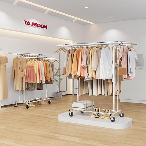 Miniatura 8 de Tajsoon Perchero de doble barra de 480 libras, perchero resistente con ruedas, perchero plegable para colgar ropa, estante comercial con estante,