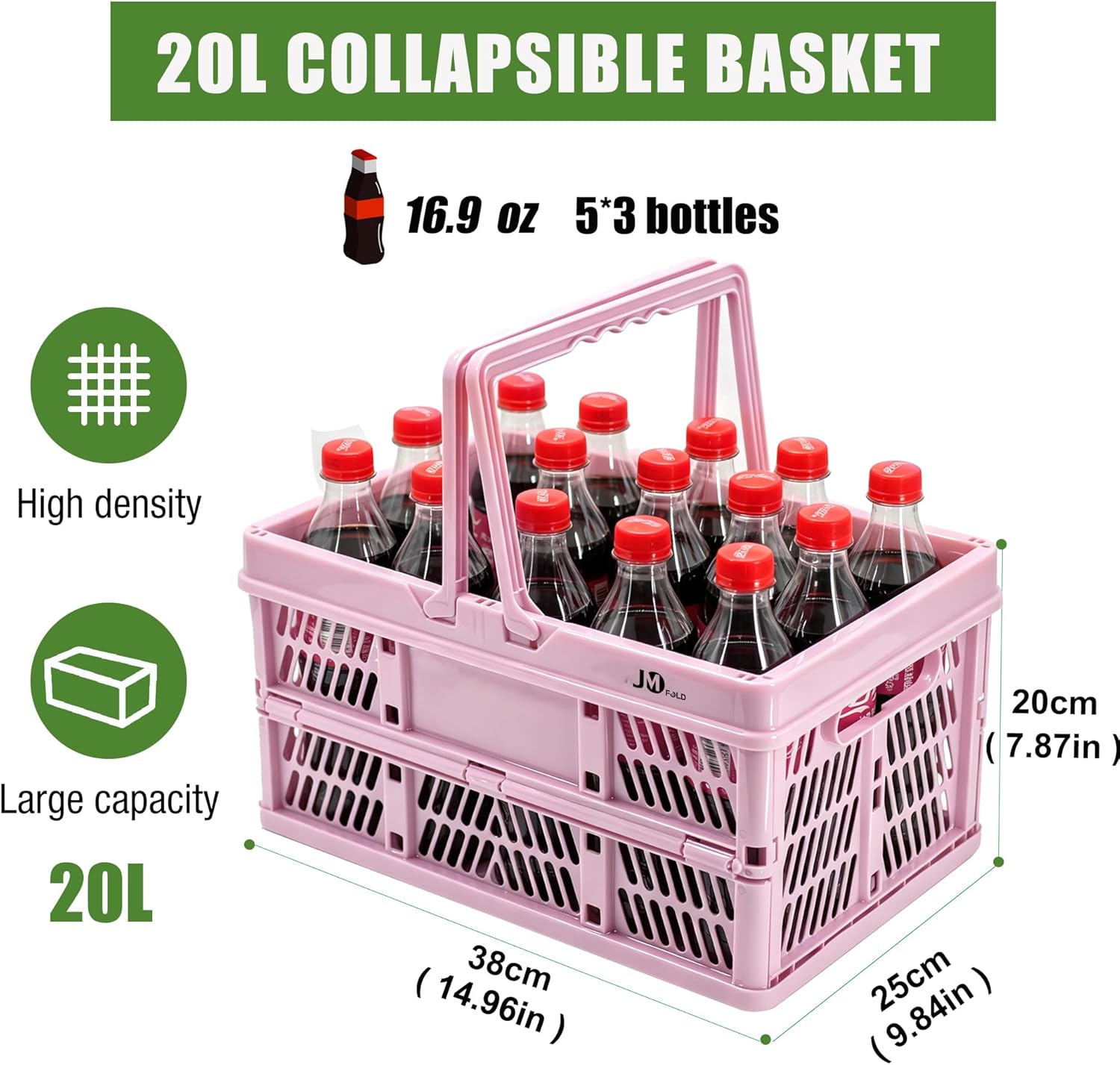 2-Pack Folding Storage Basket, 20L Collapsible Plastic Storage Crates with Handles, Heavy-Duty Stackable Bins for Home Organization, Closet, Office, Garage （Pink）