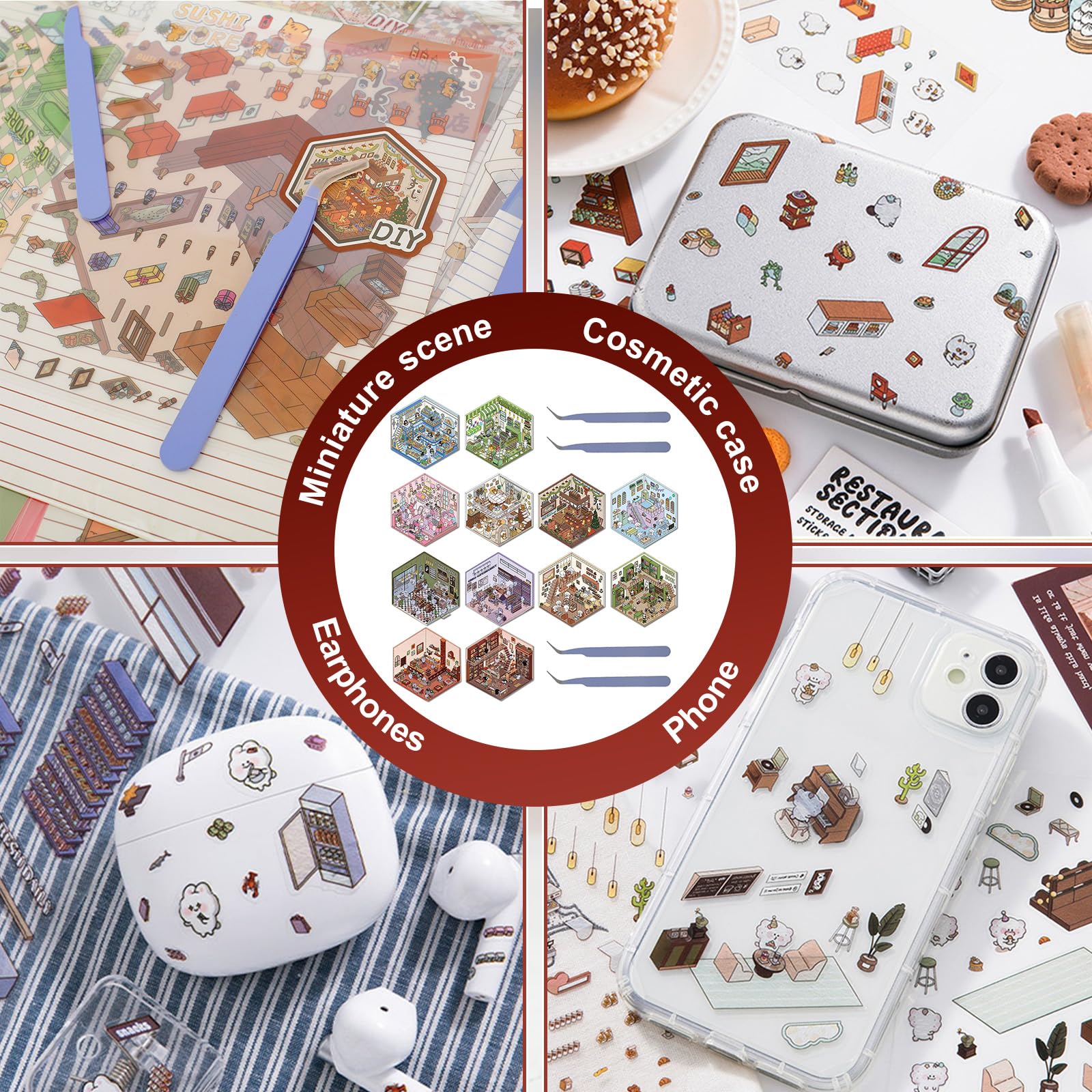 12 piezas DIY 3D House Stickers,Pegatinas decorativas 3D para escenas de casas en miniatura, divertidas pegatinas DIY para la escena para habitaciones pequeñas, Flower House, Café, Bakery Biblioteca