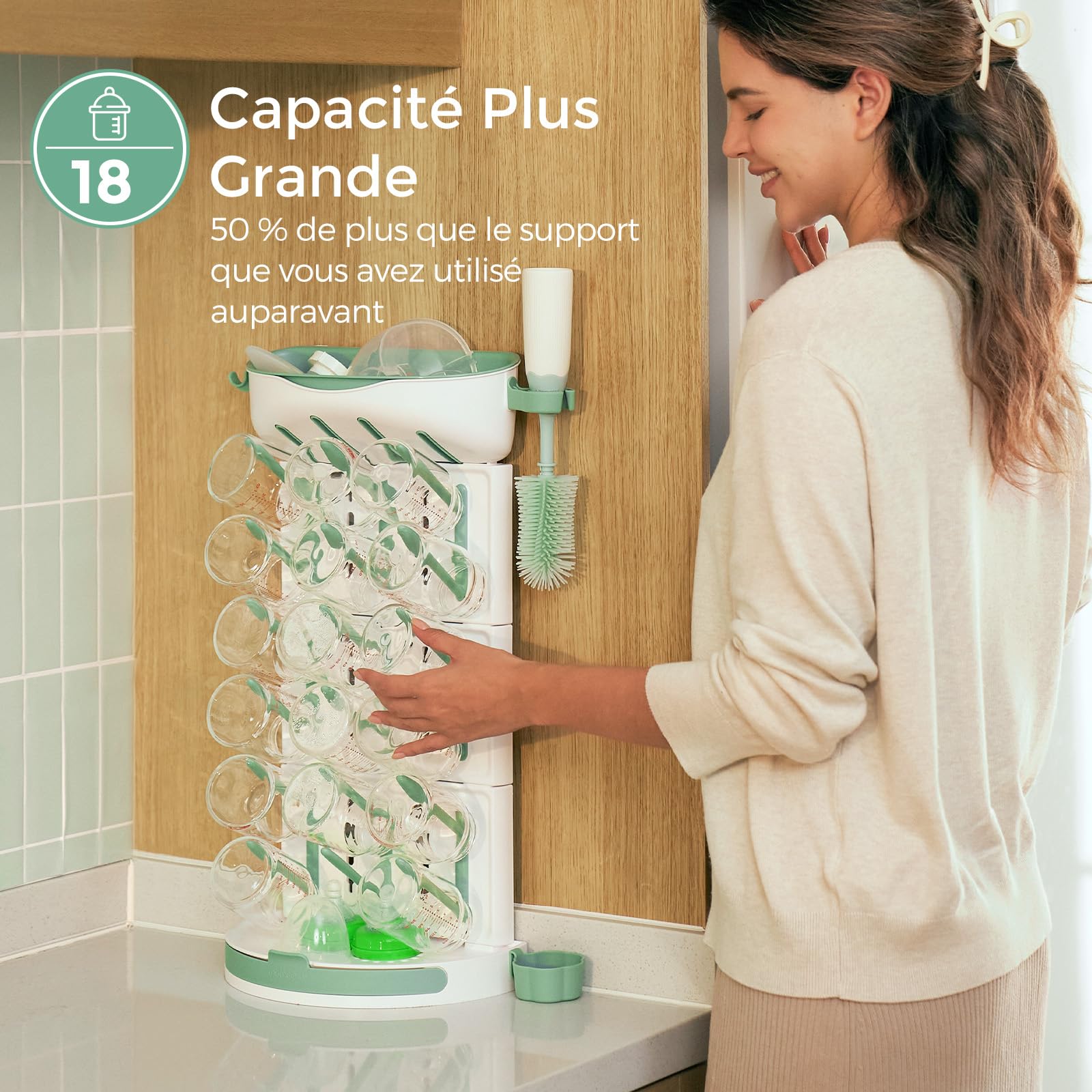 momcozy Égouttoir Vertical Grande Capacité pour Biberons (18 unités) - Design Modulable Compact avec Porte-Brosse Intégré - Sèche-biberons pour Tétines, Tire-Lait et Accessoires | Porte-brosse, Tétines, Tire-lait, Accessoires, Sécable, Étanche, Bébé, Nouv
