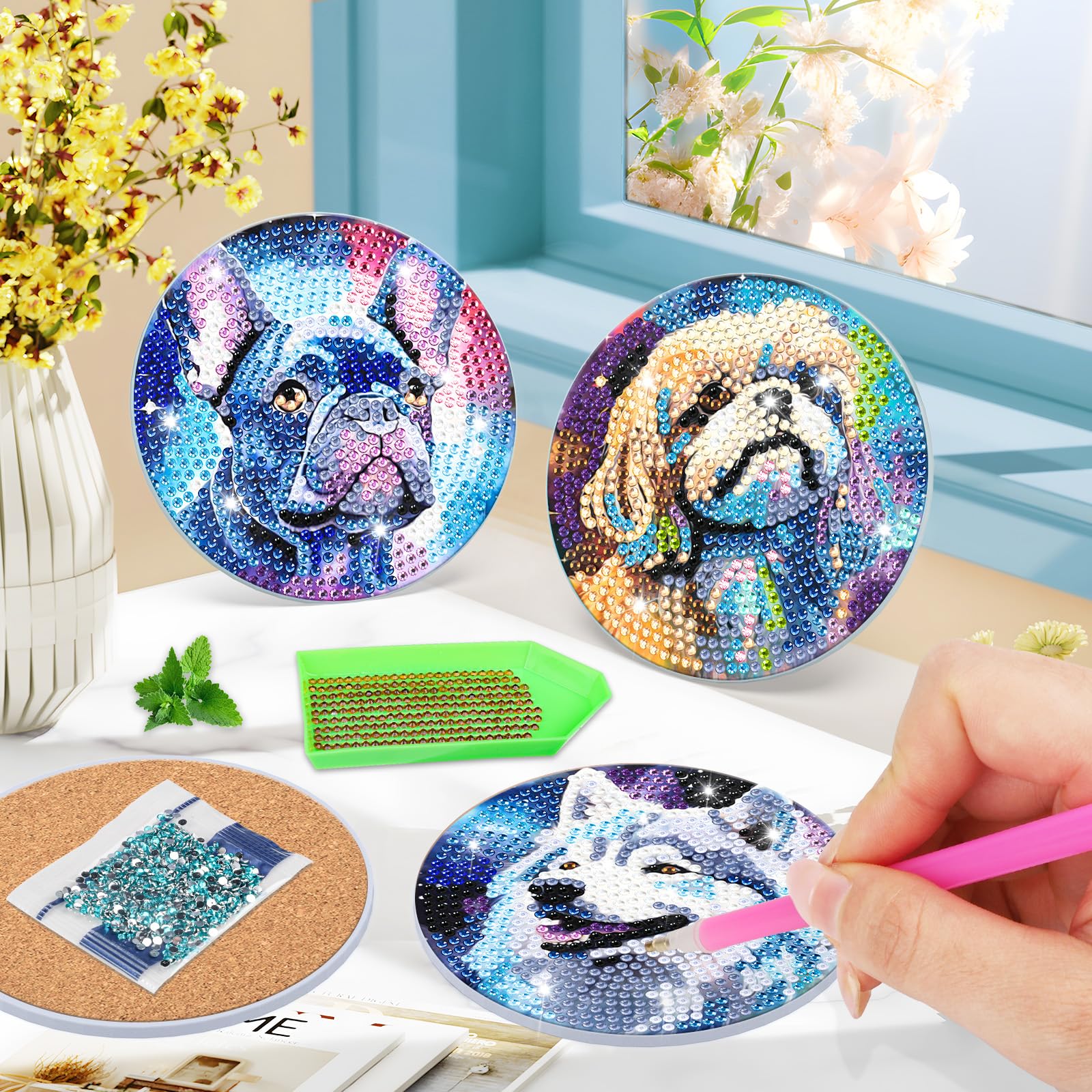 Perro Diamond Painting Posavasos 5D Animales Kit Diamond Art Adultos Soporte Corcho Bebidas Café Té Bar