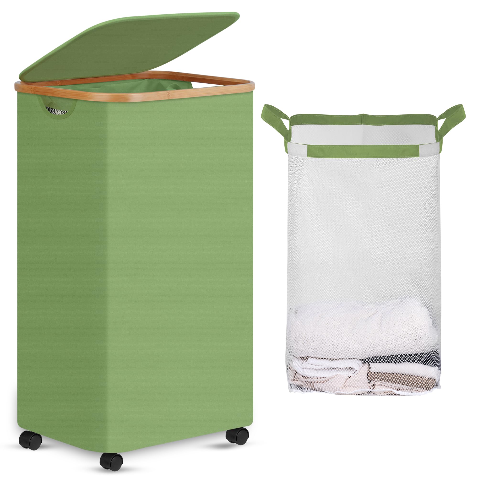 efluky Laundry Basket with Wheels, Tall Rolling Laundry Hamper with Lid and Removable Bag, Aesthetic Dirty Clothes Hamper on Wheels for Laundry Room, Bedroom, Dorm and Bathroom, 100L Green