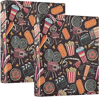 Carpeta de 3 anillos, paquete de 2 unidades, clásica película nocturna, palomitas de maíz, color negro, con bolsillos, carpeta grande de 3 anillos, para escuela, universidad, oficina