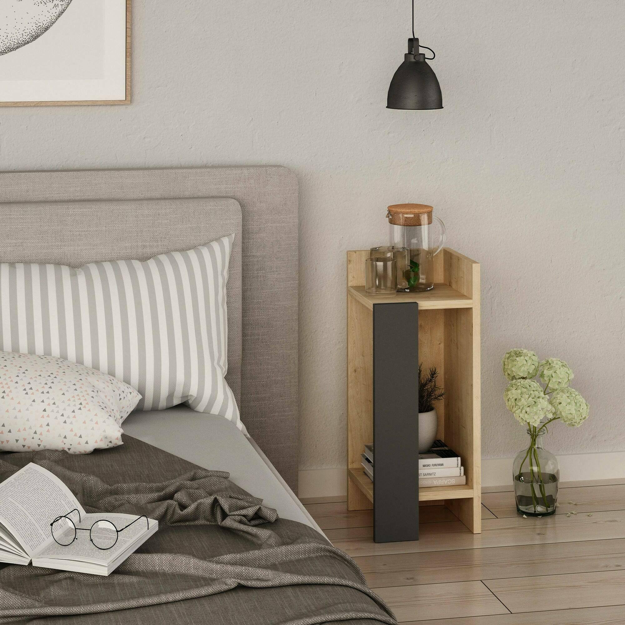 Dmora - Nachttisch Taurus, Niedrige Kommode, Tisch, Multifunktionaler Nachttisch, 25x27h60 cm, Eiche und Anthrazit