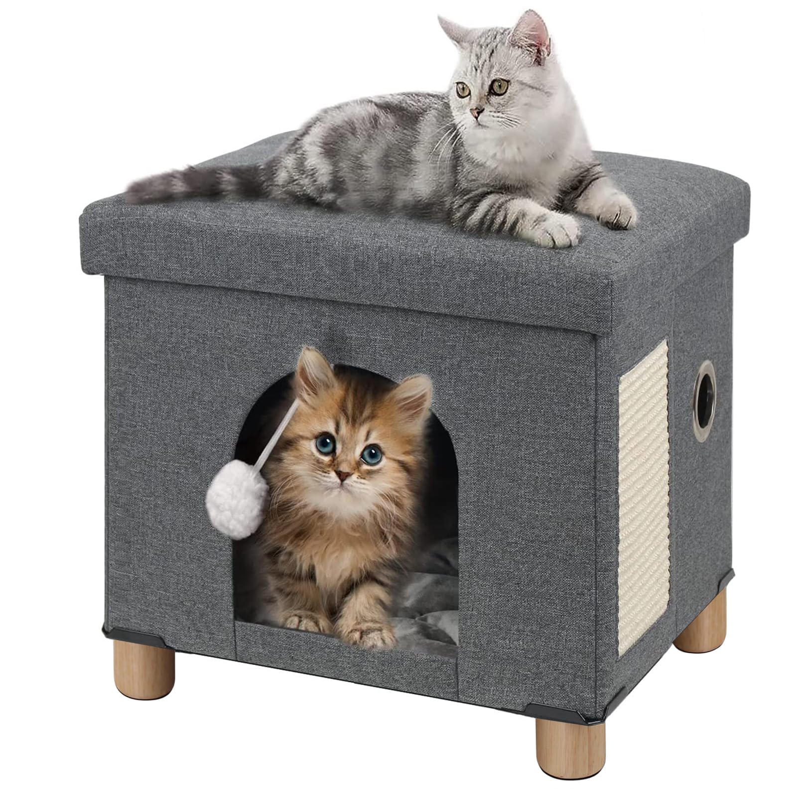 BRIAN & DANY Niche Chat, Pliable Maison pour Chat avec Planche à Grattoir et Balle pour Chats, pour Pouf Coffre de Rangement, 37,5 x 32,5 x 36 cm, Gris