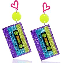 RechicGu 80s 90s Neon Heart Hoop Earrings for Glow Party, 70s Retro Outfit Jewelry Accessories Gift for Women,Acrylic Round Drop Dangle Earring for Halloween Costume Rose Red Green Yellow