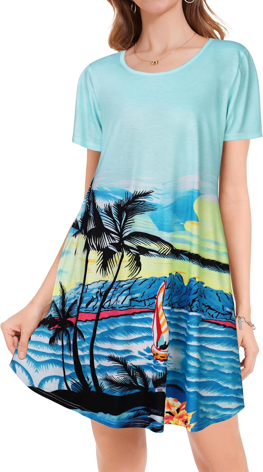 Summer Dresses for Women Casual Short Sleeve Sundress Scoop Neck Beach T Shirt Dress with Pockets - Image 4