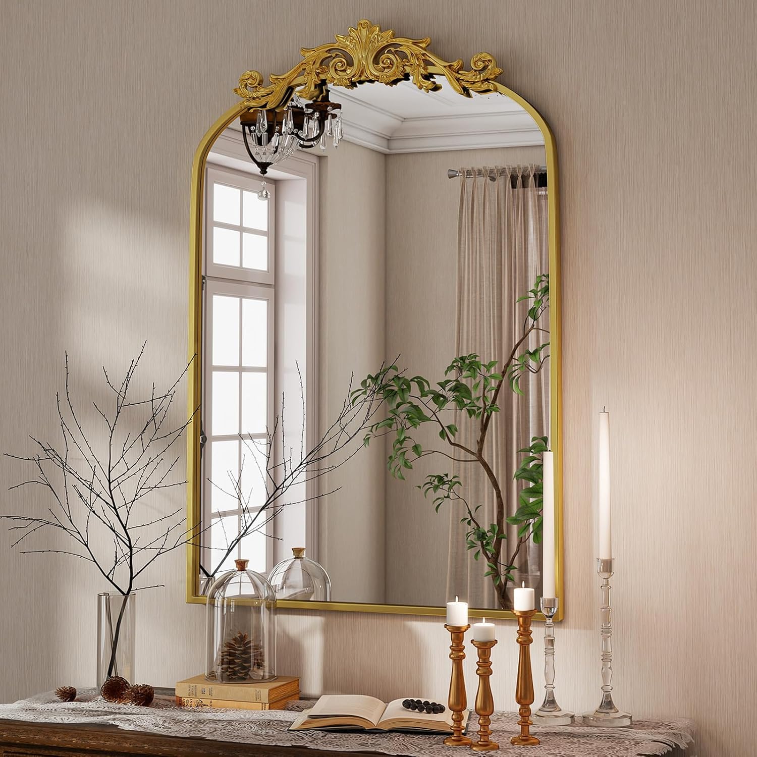 Vintage Arched Bathroom Mirror, 24x36 Inch Retro Wall Mounted Vanity Mirror with Carved Pattern Top and Metal Frame, Gold Decorative Mirror for Hanging or Leaning