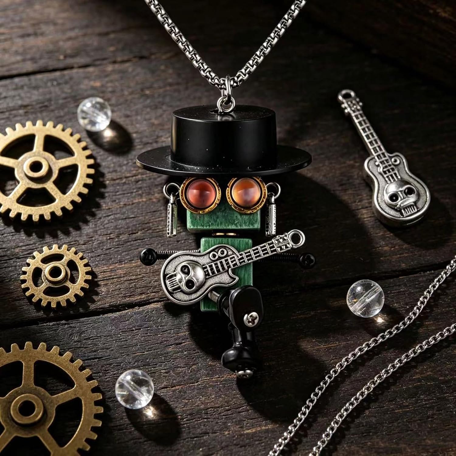 Men'S And Women'S Pure Handcrafted Retro Personality Niche Steampunk Mechanical Figurine Pendant Necklace, Silver Stainless Steel Square Pearl Chain, Designer Toy Accessory Jewelry image 4