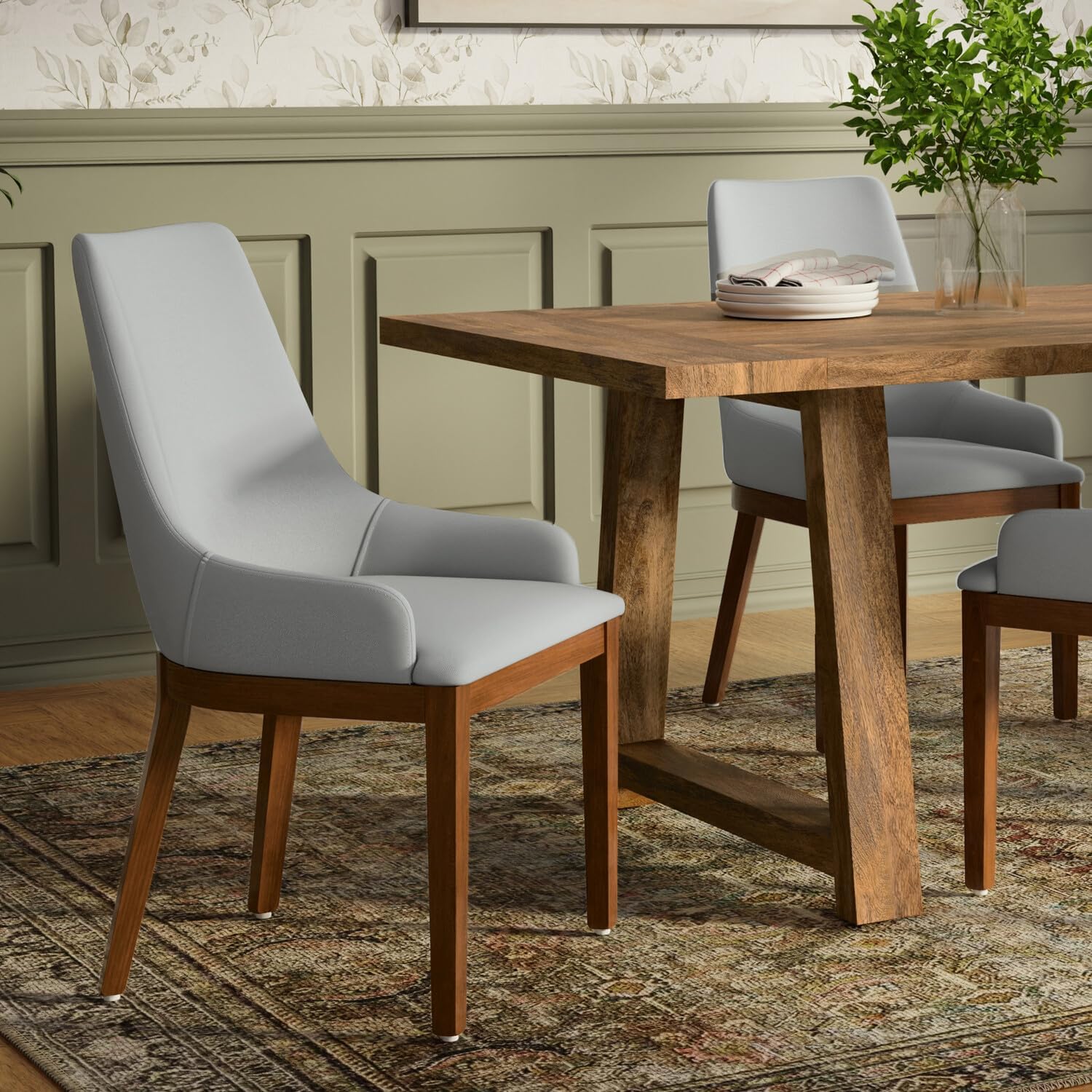 SIMPLIHOME Stephanie Dining Chairs - Upholstered Black Metal Frame and Linen-Style Fabric Chair Set in Light Grey, Modern Ergonomic Dining Room Seating with Curved Back and Cushioned Seat (Set of 2)