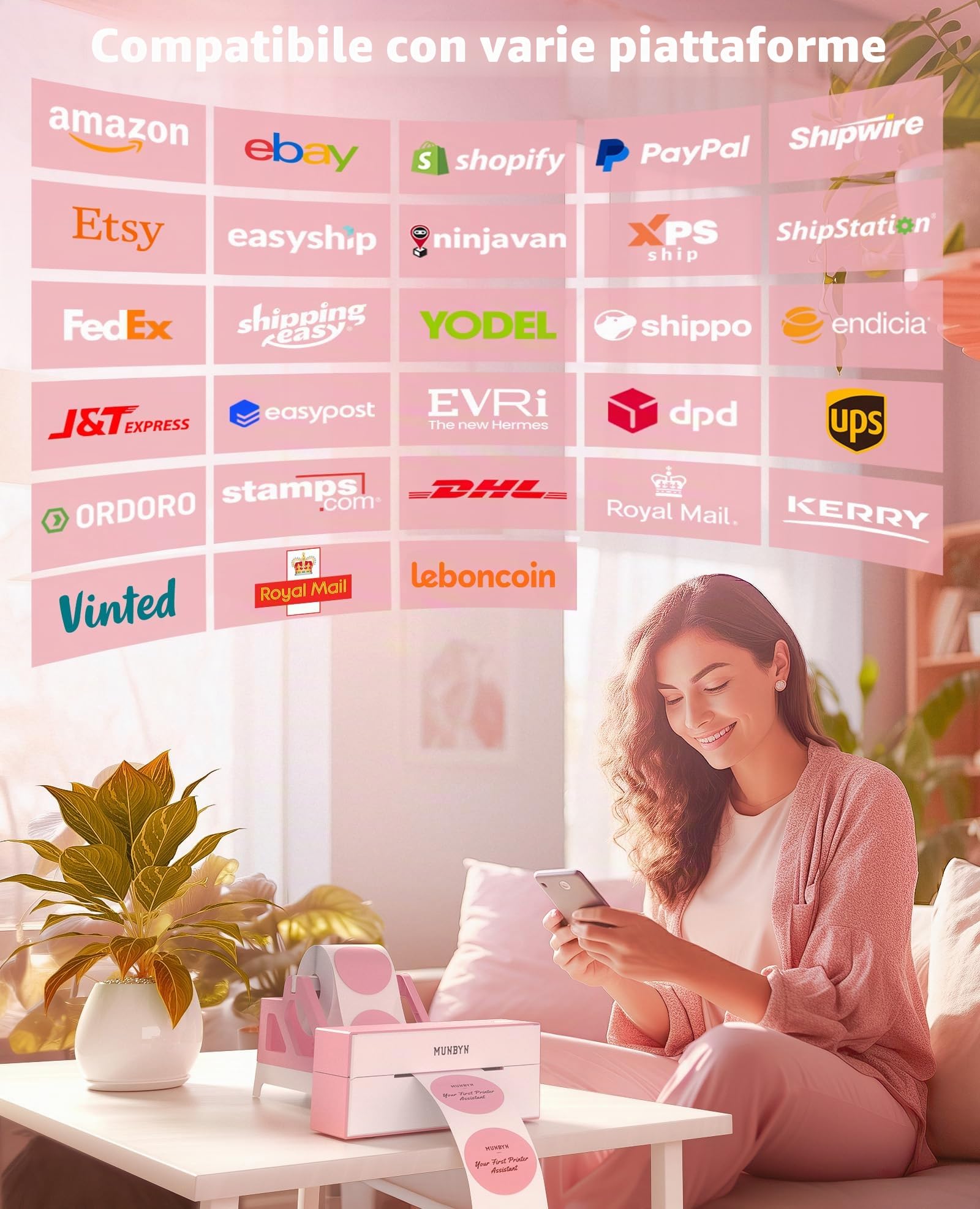 MUNBYN Stampante Termica Etichette Bluetooth, Stampante Etichette Spedizione 4x6, Stampante di Etichette Postali per Aziende, Compatibile con Shopify Amazon DHL DPD, 129B Rosa