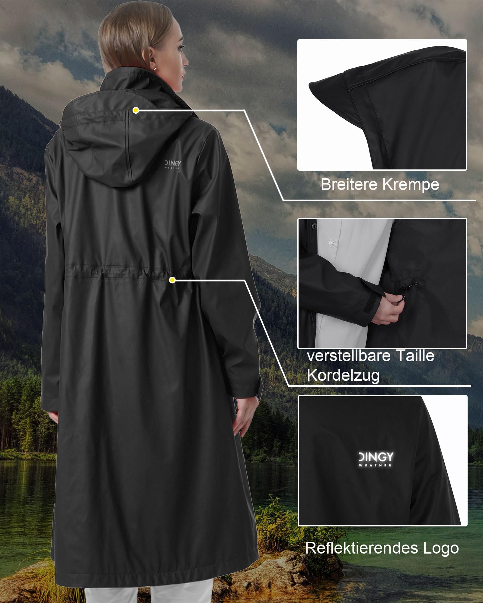 Regenmantel Damen wasserdicht lang Regenjacke atmungsaktiv | Friesennerz mit Innenfutter, Taillenregulierung, Übergangsjacke Herbst winddicht, Regenparka für Fahhrad & Outdoor