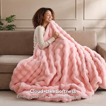 Smoofy Faux Fur Throw Blanket for Couch - Blush Pink Super Soft Cozy Bubble Blanket, Fluffy Plush Fuzzy Throw for Sofa & Bed, Thick Lightweight Warm Blanket, Luxury Aesthetic Gift for Women 60x80
