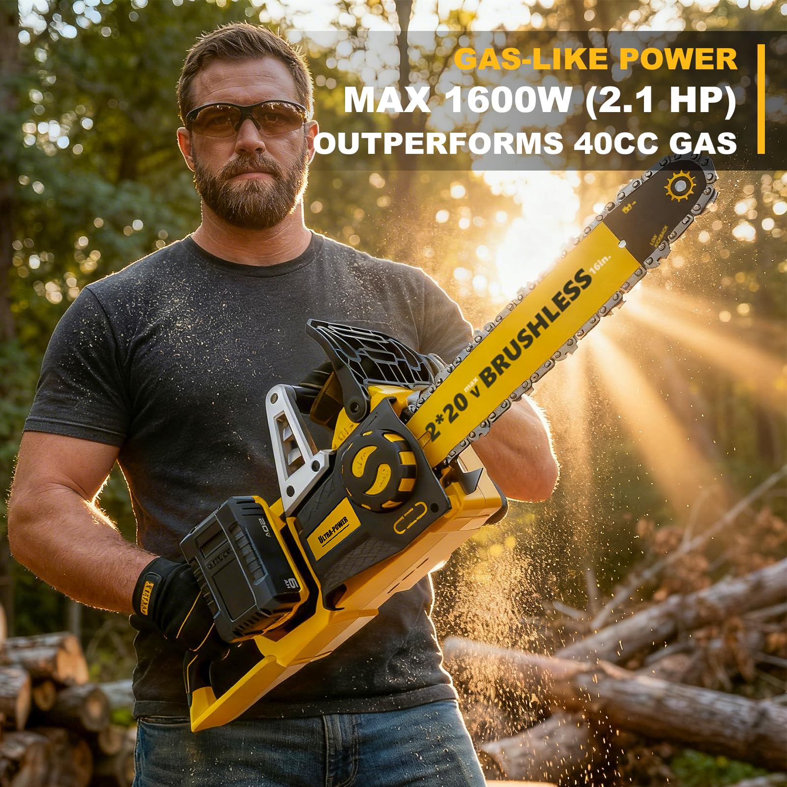 40V(20V*2) 16" Brushless Chainsaw Cordless, Electric Chainsaw Fully Compatible with DeWalt 20V MAX, Auto-Oiling, Tool-Free Tensioning, Safety Chain Brake, Batteries and Charger Not Included - 4