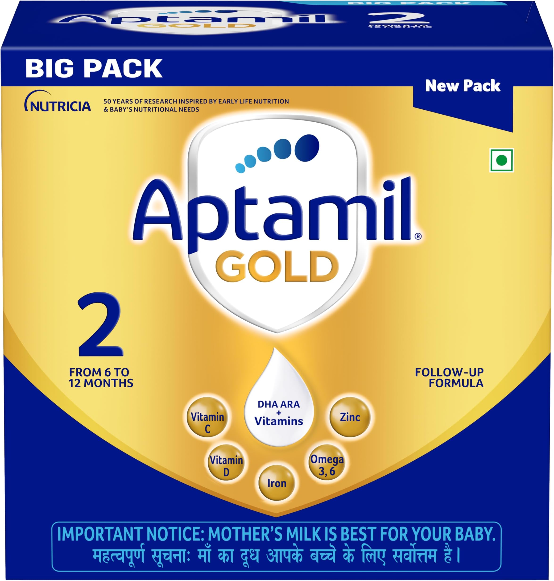 Gold Infant Formula Milk Powder for Babies - Stage 2 (6-12 Months) - with Prebiotics and DHA - 1.2 kgs - Large Pack