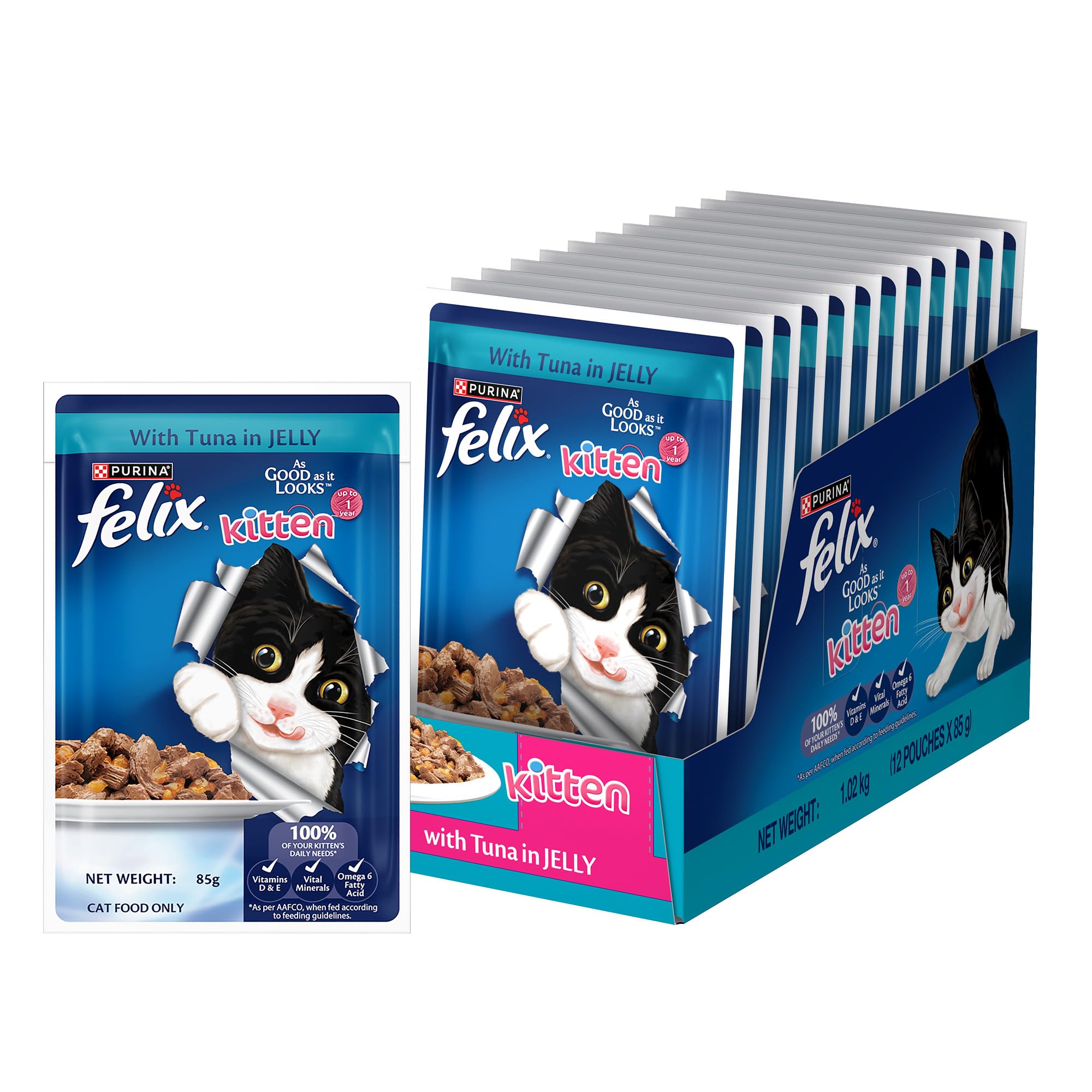 Felix with Tuna in Jelly | Wet Food for Kittens | Complete and Balanced Cat Food, Pack of 12 Pouches (12 x 85 g)