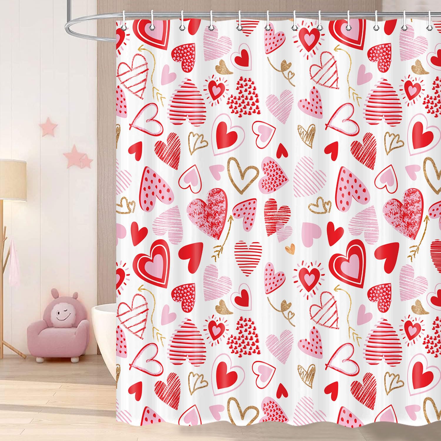 Valentine's Day Shower Curtain, Love Hearts Pink Romantic Valentine Shower Curtains for Bathroom, Sweet Lover Valentine Day Wedding Modern Geometric