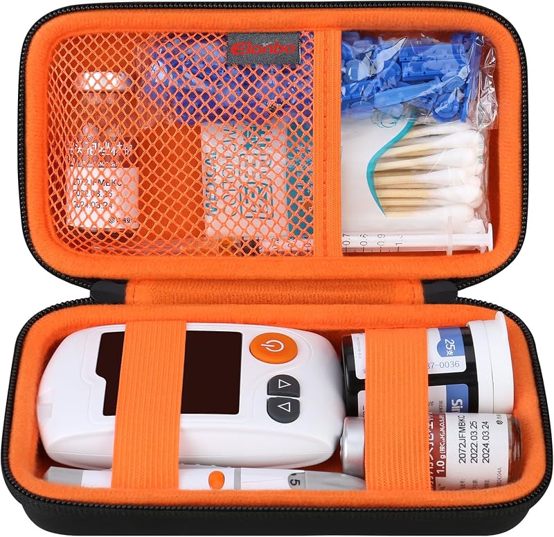 Elonbo Diabetic Supplies Travel Case, Diabetic Supply Organizer Bag, Glucose Meter Storage Case, Insulin Pen Carrying Case for Glucose Monitor, Blood Sugar Test Strips, Lancets, Syringe, Black+Orange