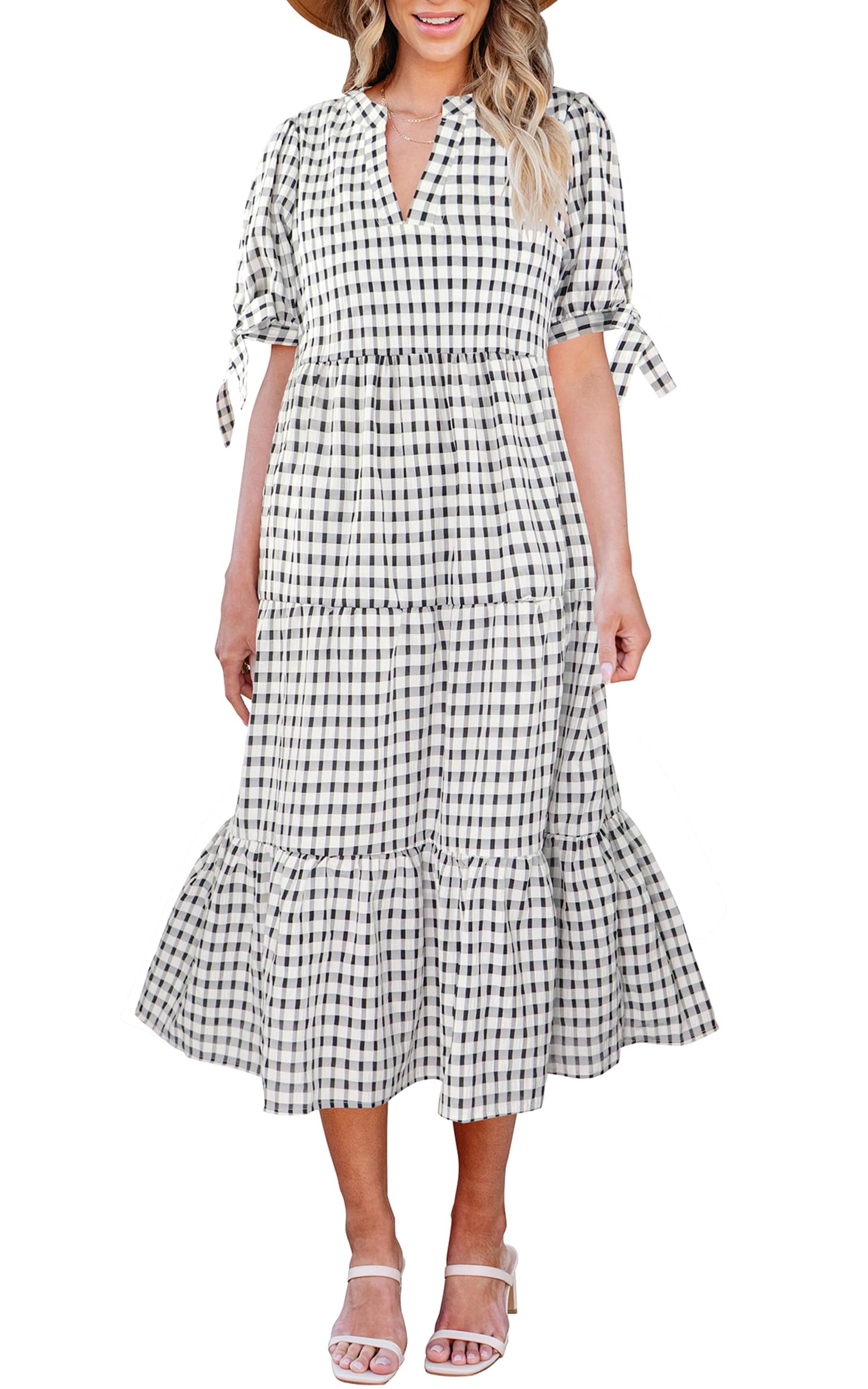 ECOWISH Women Summer Casual Dress - V Neck Short Sleeve Gingham Midi Pleated Tiered Loose Fit Holiday Picnic Dresses