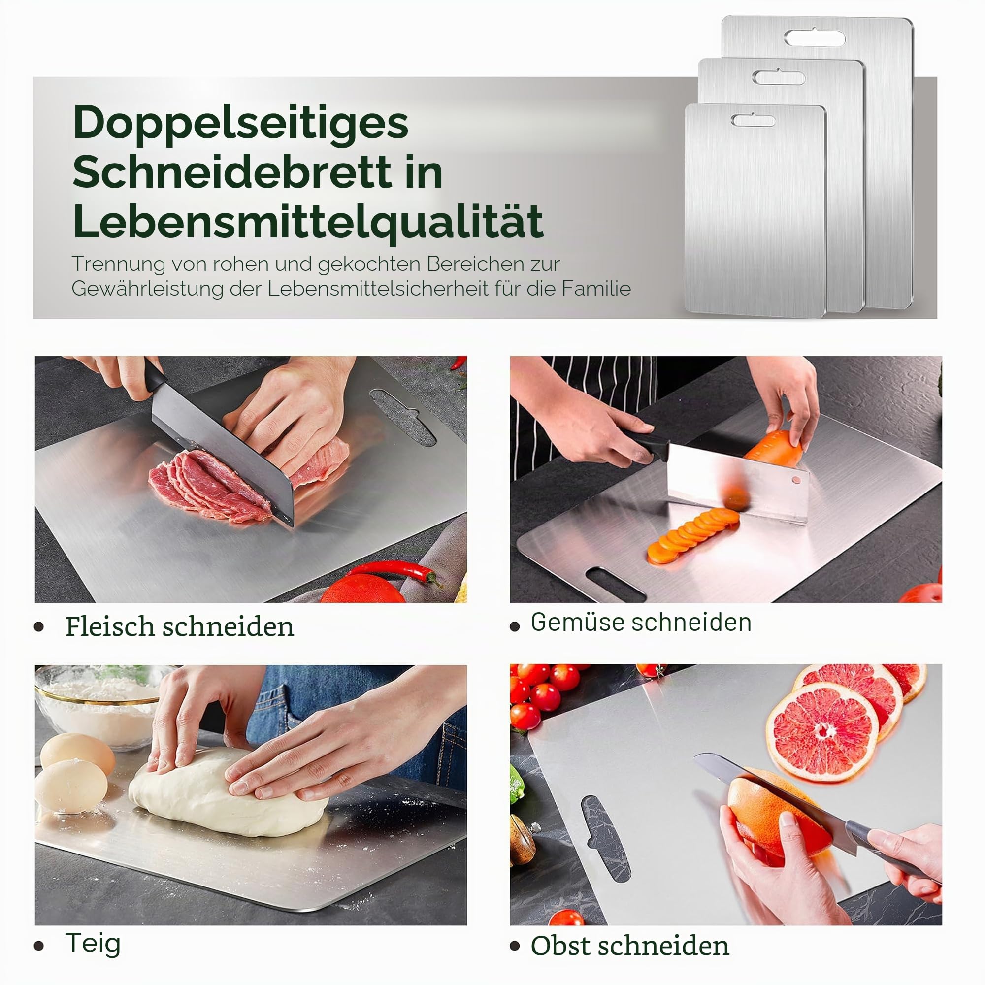 Titan-Schneidebretter 3er Set, 100% reines Titan, Schneidebretter für Küche, doppelseitiges Schneidebrett in Lebensmittelqualität, zum Schneiden von Fleisch, Gemüse, Obst, spülmaschinenfest