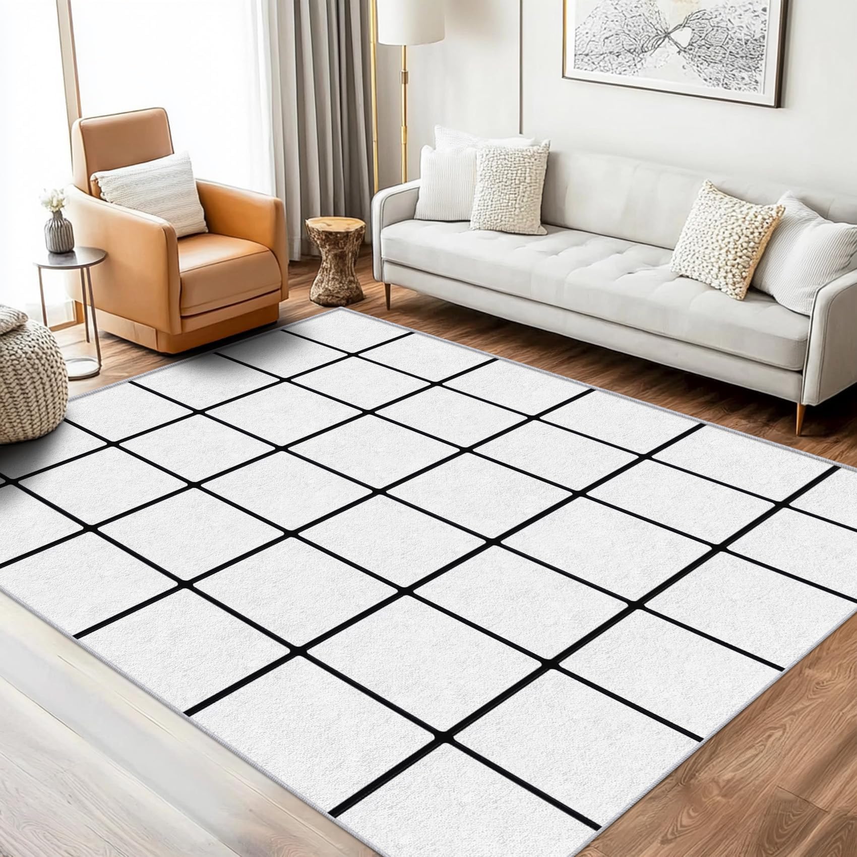 Tapis pour chambre à coucher minimaliste blanc et noir à motif carreaux 80x150 cm