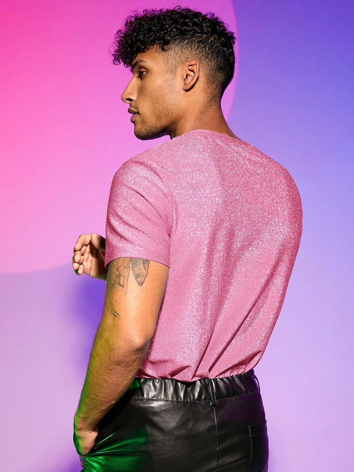 WDIRARA Men's Glitter Disco Shirts Sparkly Rave Tops Round Neck Short Sleeve Tee - Image 2