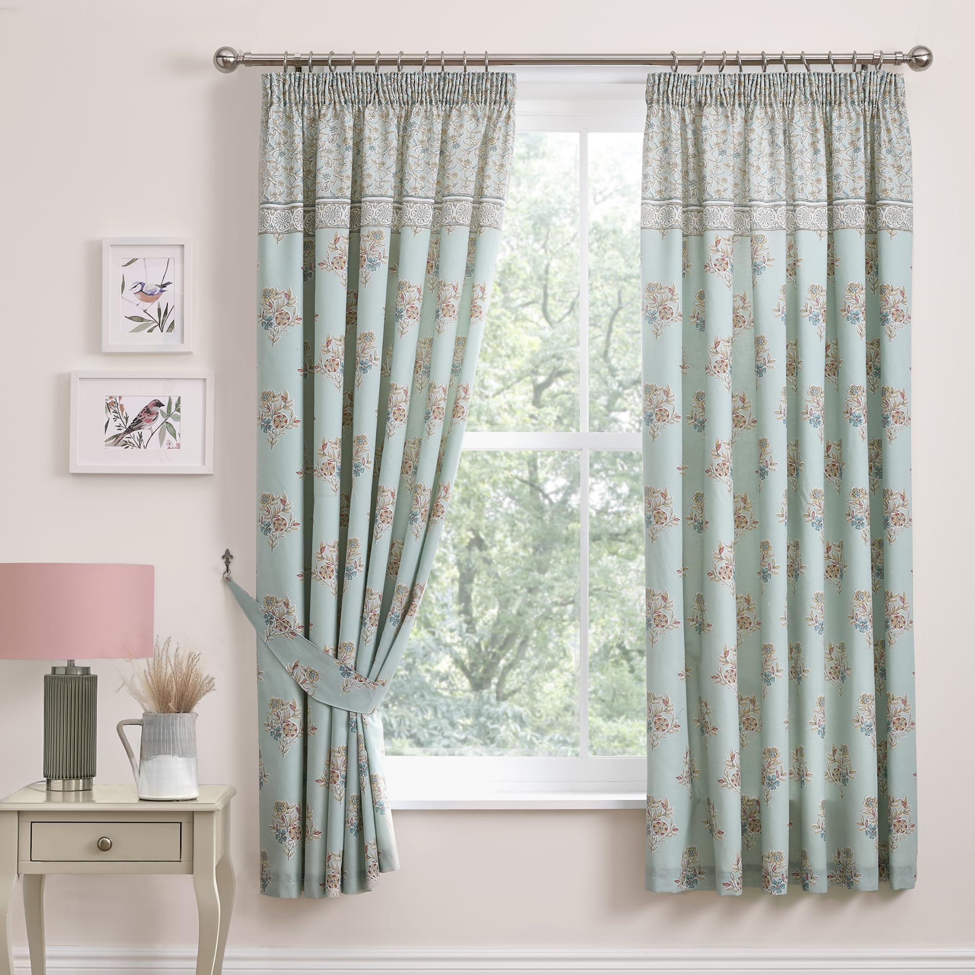 Dreams & Drapes Duck Egg - Damask Floral Curtains (W66 X L72) - Pencil Pleat - Tie Backs - Baroque Vintage