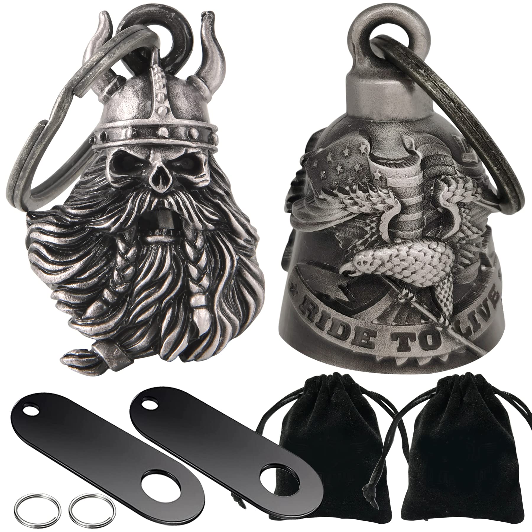 Dream Apparel 2 Pack Motorcycle Bells Guardian Angel for Biker Rider Men Women Ride Riding with Hangers, Drive Away Gremlins, Viking Skull W/ Helmet + Ride to Live, One size