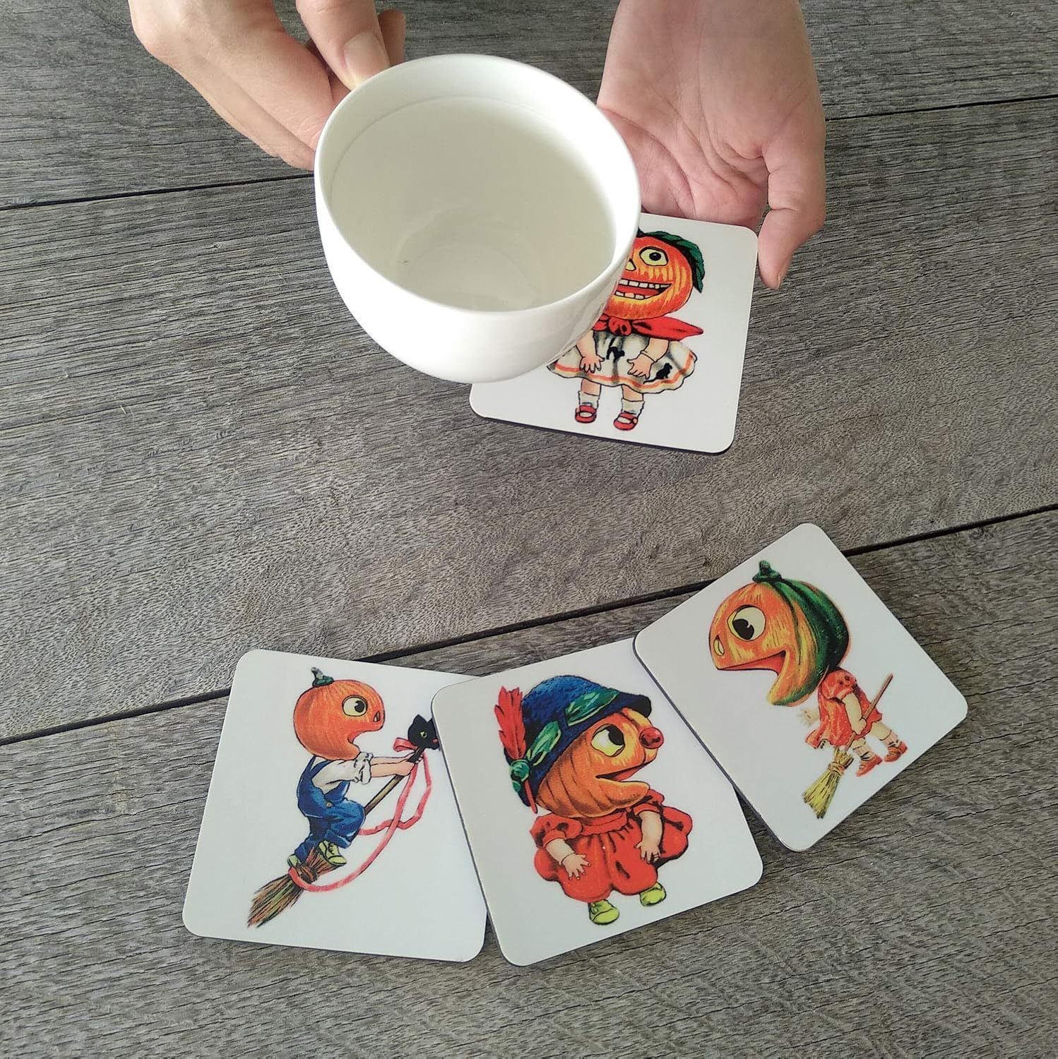 HALLOWEEN COASTERS (4 square coasters in a set) Vintage Image with Funky Pumpkins, Funny, Scary Pumpkin Heads