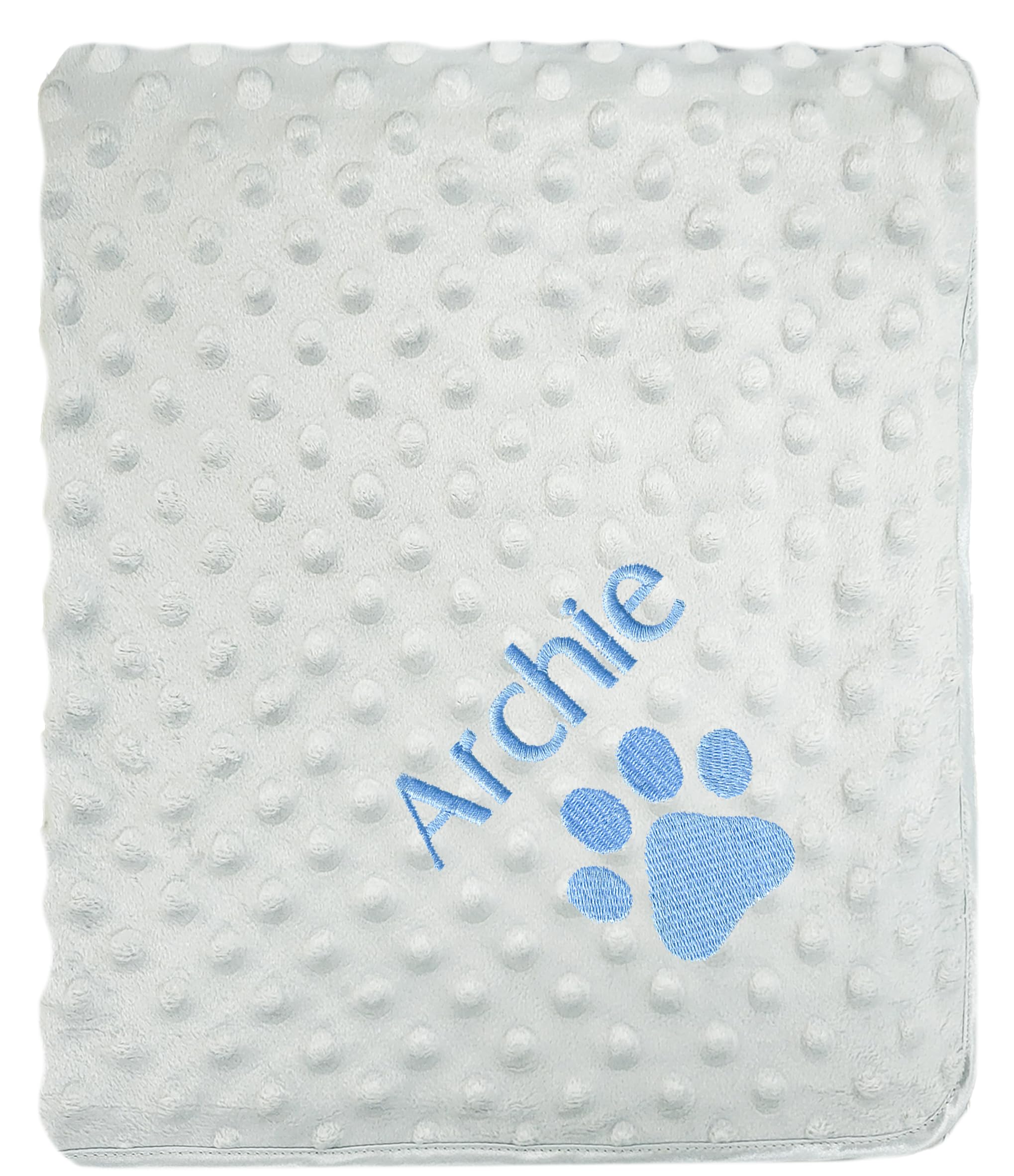 JJLC Personalised Dog Cat Pet Blankets Embroidered Name Paw (Grey Bobble, Blue Name)