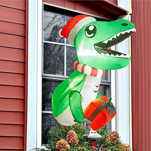 Miniatura 5 de Hourleey Dinosaurio inflable de ventana de Navidad de 3.5 pies, inflable que se rompe de la ventana con LED integrado para fiesta de Navidad en