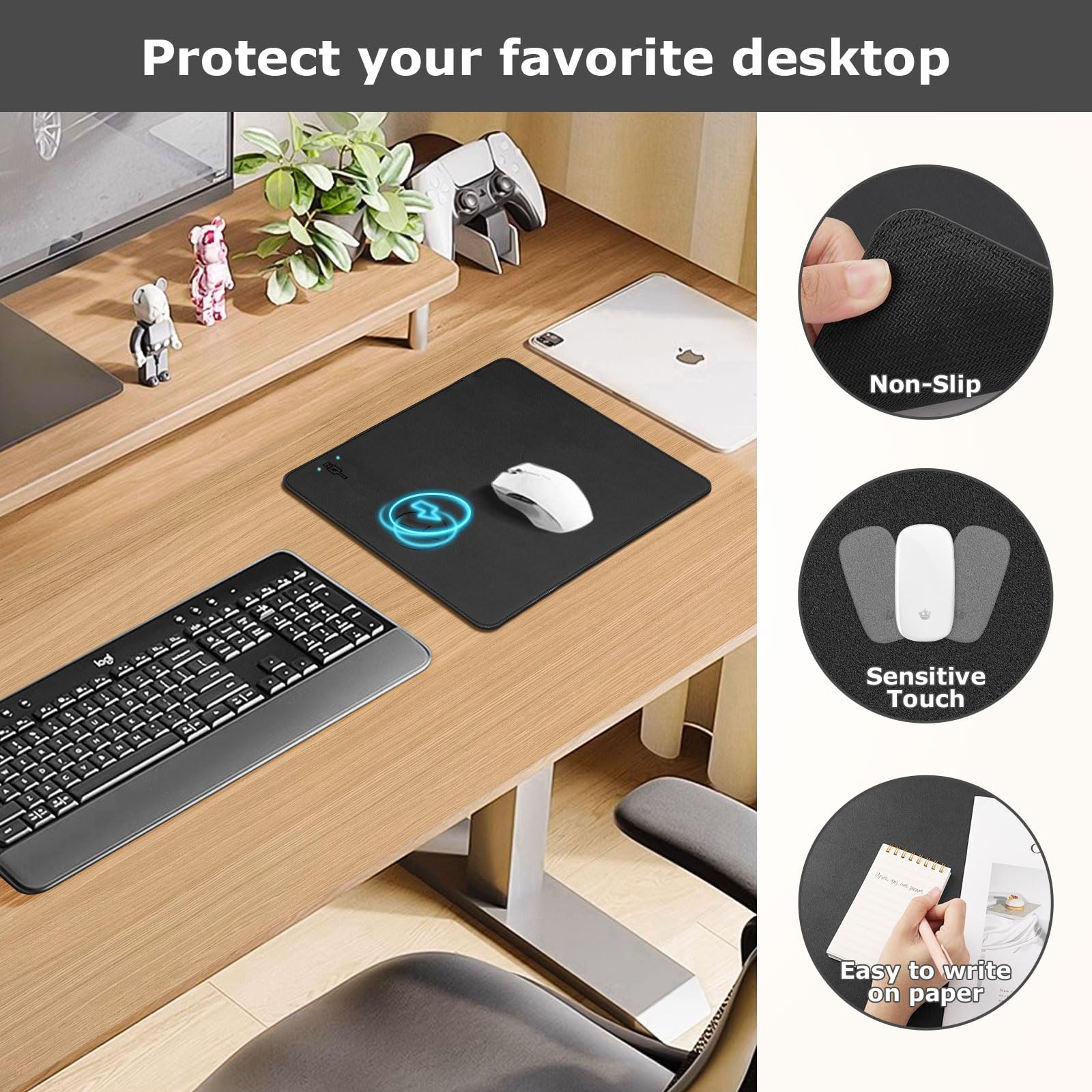Tappetino per mouse con ricarica wireless, 2 in 1, multifunzione, in pelle, con base in gomma antiscivolo, impermeabile, per computer, ufficio, lavoro, casa, decorazione (30,5 x 25,4 cm