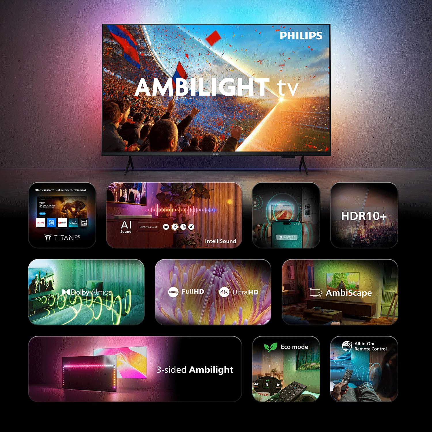 PHILIPS Ambilight TV 43PUS8001/12 43 Zoll 4K QLED Smart-TV | Pixel Precise Ultra HD, Titan OS, Dolby Atmos Sound