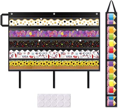 AKAYOK Foldable Bulletin Board Border Organizer with 5 Clear Pockets - Space-Saving Classroom Storage for Teachers, Homeschool & Office Supplies 37" x24" Black