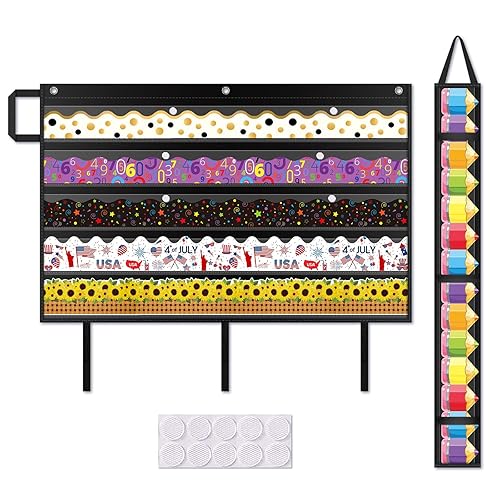 AKAYOK Foldable Bulletin Board Border Organizer with 5 Clear Pockets - Space-Saving Classroom Storage for Teachers, Homeschool & Office Supplies (38" x24.5" Black) - 02-black